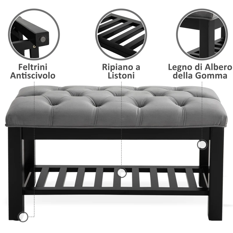 Homcom Banca pentru Pantofi Chesterfield Captusita Lemn Negru si Flanela Gri 80x40x46cm