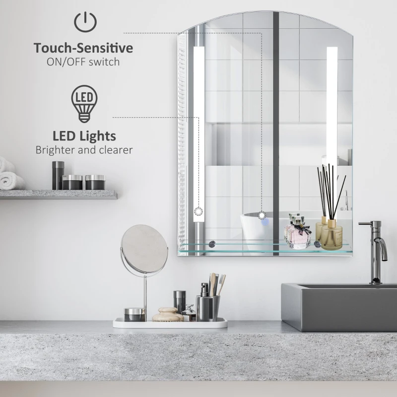 kleankin Oglinda de Baie cu Lumina LED cu Comutator Touch si Etajera din Sticla