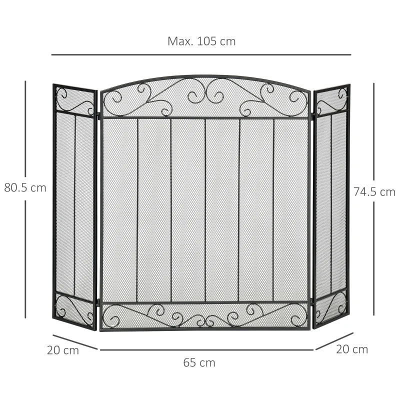 HOMCOM Parascentei pentru Semineu Pliabil 3 Panouri Metal Negru 105x1,6x80,5cm