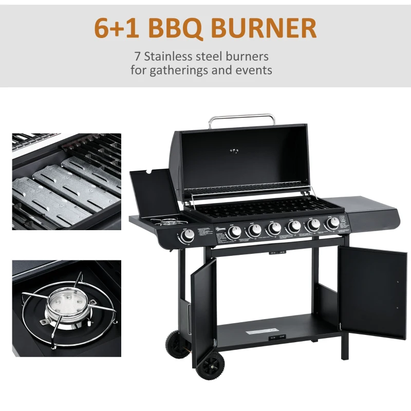 Outsunny Gratar cu Gaz cu Capac si Arzator Lateral, Termometru si 2 Roti