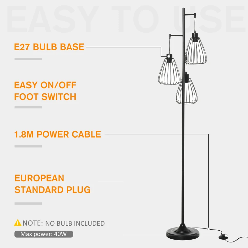 HOMCOM Lampa de podea Lampă cu picior Design vintagecindustrial din metal culoare negru