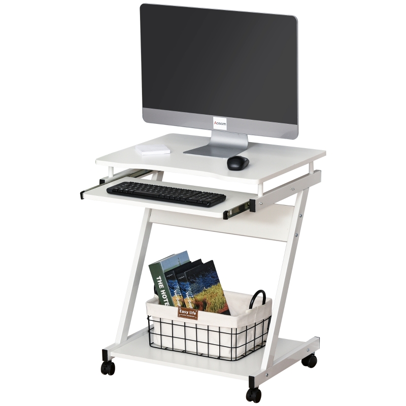 HOMCOM Masa Birou Suport PC Blat Tastatura Retractabil si 4 Roti, Alb