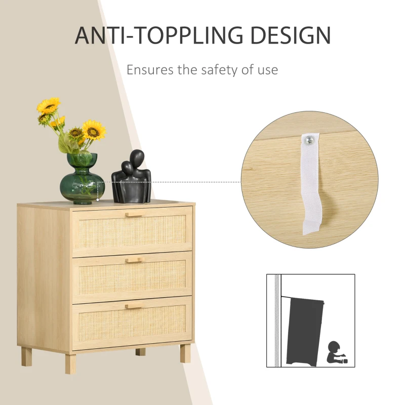 HOMCOM Casetiera cu 3 din lemn si ratan pentru camera de zi si dormitor, 80x40x80cm Culoare Lemn Natural