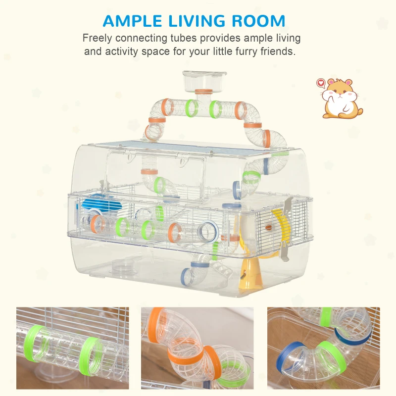 PawHut Cusca pentru Hamsteri cu Tuburi Φ6 cm si Accesorii din Plastic Transparent