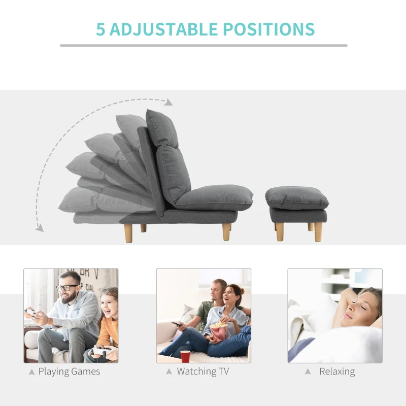 HOMCOM Fotoliu cu Suport pentru picioare Design Chaise Longue Rabatabil din In Gri