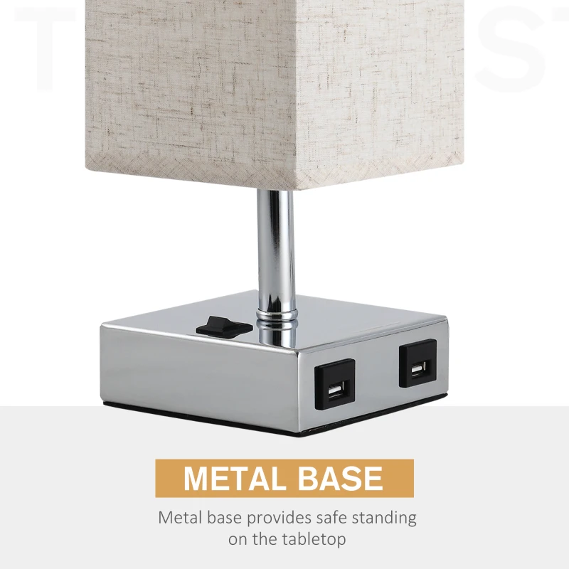 HOMCOM Lampa de Masa din Metal si Tesatura 2 Prize USB 2 Comutatoare, E27