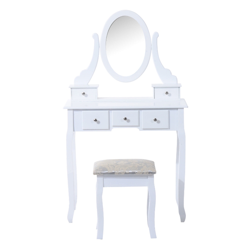HomCom Tavolo da Trucco Mobile da Toletta Specchiera con Sgabello Specchio Girevole in Legno Bianco