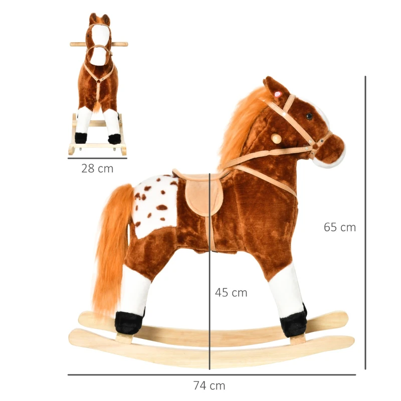HOMCOM Căluț Balansoar din Lemn pentru Copii 3-6 Ani cu Sunet de Animal și Șa, 74x28x65 cm, Maro