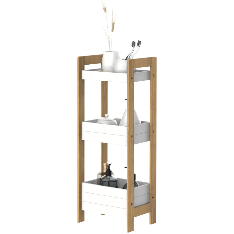 HOMCOM Dulapior Baie Multifuncțional Raft 3 Etajere din MDF Alb si Bambus