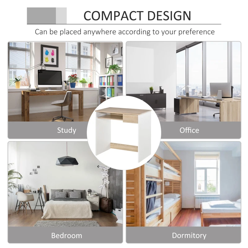 Homcom Birou PC Alb & Stejar 80×45×75 cm – Ideal Dormitor sau Acasa