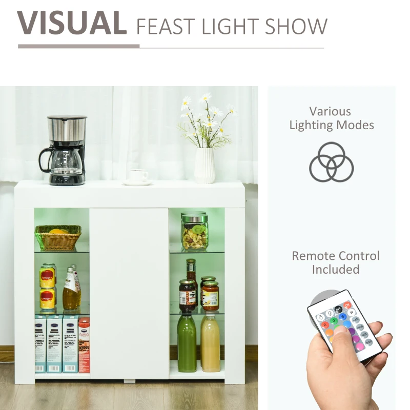 HOMCOM Bufet Modern cu Usa si lumini LED cu Finisaj Lucios si Rafturi din Sticla