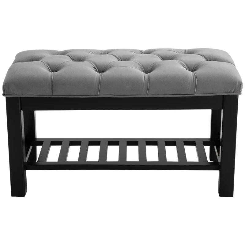 Homcom Banca pentru Pantofi Chesterfield Captusita Lemn Negru si Flanela Gri 80x40x46cm