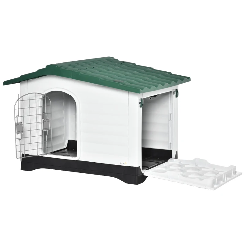 PawHut Casuta pentru caini in Plastic cu Usa si Fereastra 91x69x66cm Verde/Negru/Alb