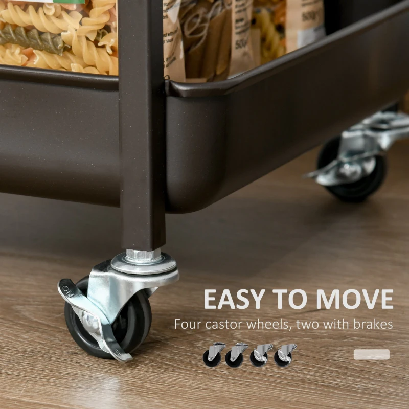 HOMCOM Carucior de bucatarie in stil industrial 3 rafturi etajere pliabile culoare maro