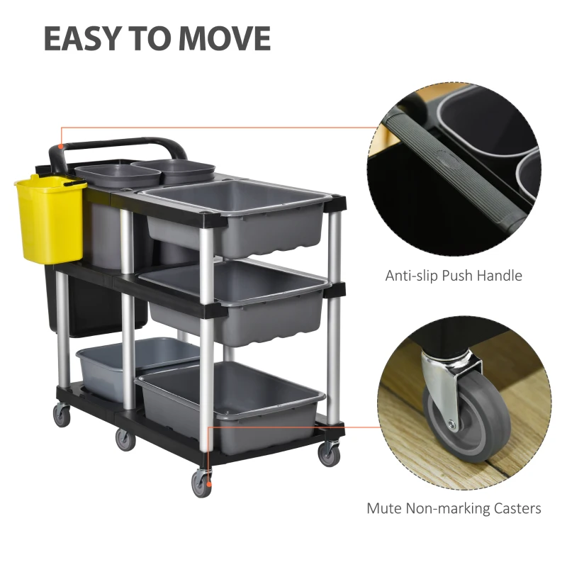 HOMCOM Carucior de menaj profesional cu 3 niveluri Tavi Galeti Cosuri Gri