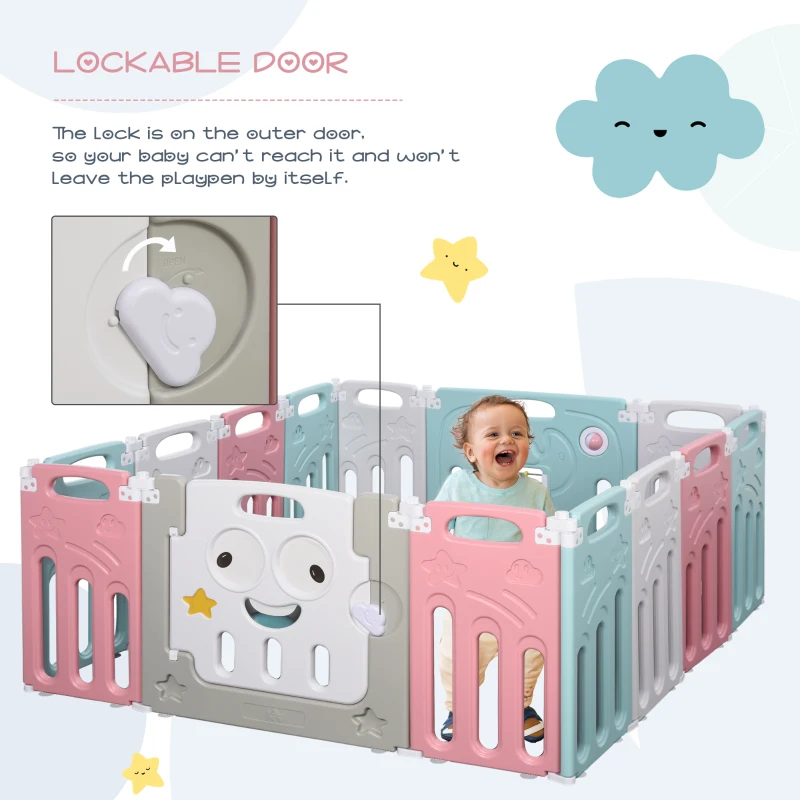 HOMCOM Gard Pliabil Copii +6 Luni cu 14 Bucati cu Interblocare, Incuietoare si Jocuri