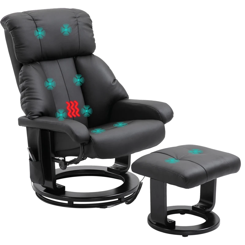 Homcom Fotoliu Rabatabil Masaj Incalzire din Piele Sintetica si Lemn Taburet Inclus Negru
