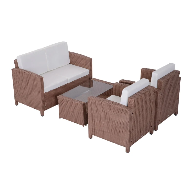 Outsunny Set Mobilier de Grădină din Polyratan 4buc Măsuță, Canapea și 2 Fotolii cu Perne Maro deschis