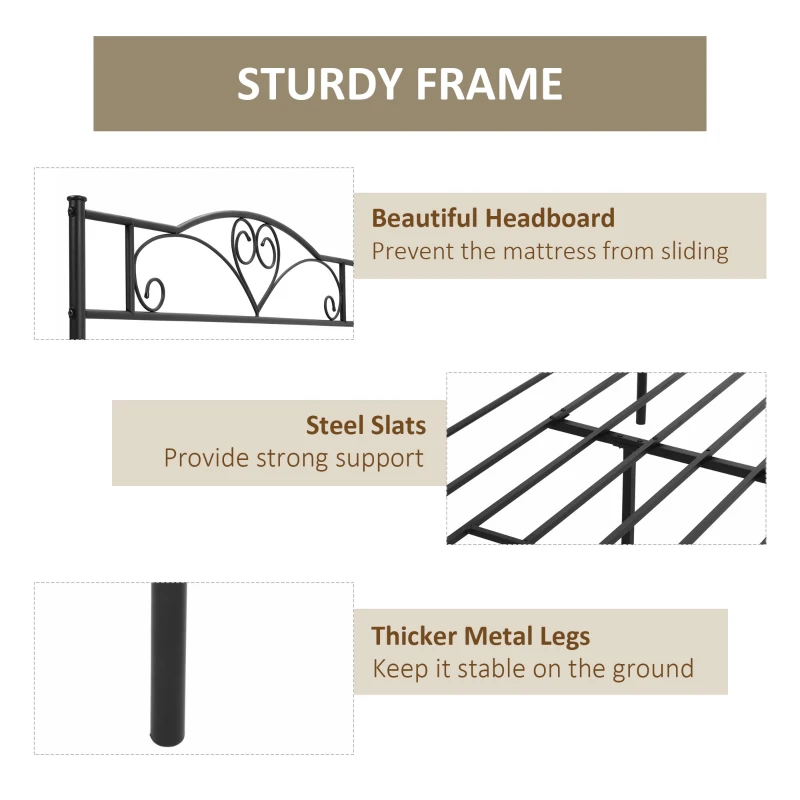Cadru de Pat de o Persoana, mai mare HOMCOM din Otel cu Sipci Integrate, Tablie cap si Tablie piciore, 140x200cm