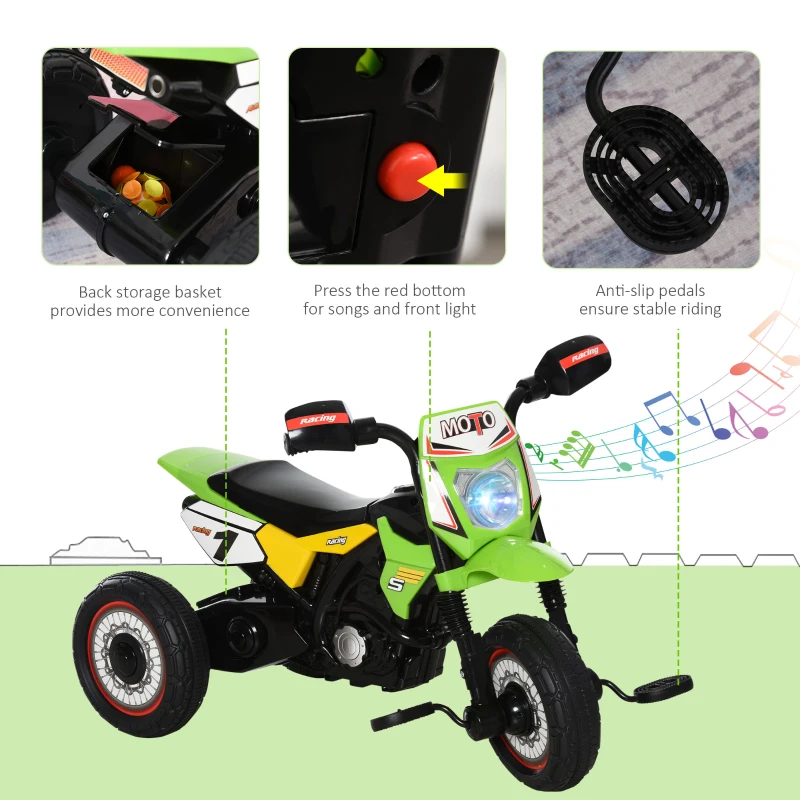 HOMCOM Tricicleta pentru Copii Stil Motocicleta cu pedale cu Lumini si Sunete Varsta 18-36 Luni, verde