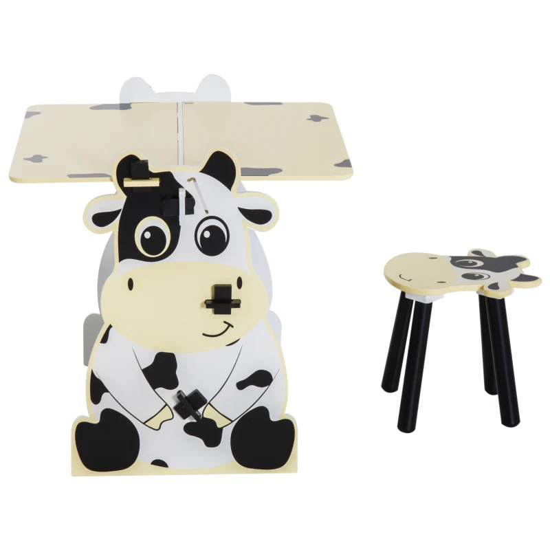 Homcom Set Măsuță cu Tablă și Scăunel pentru Copii cu Imprimeu de Vacă, 60x40x60 cm, Bej