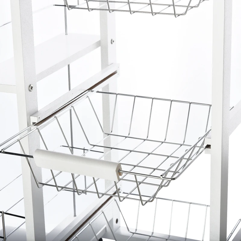 HOMCOM Carucior de Bucatarie cu Economisire de Spatiu din Lemn Alb cu 4 Roti 3 Cosuri Detasabile