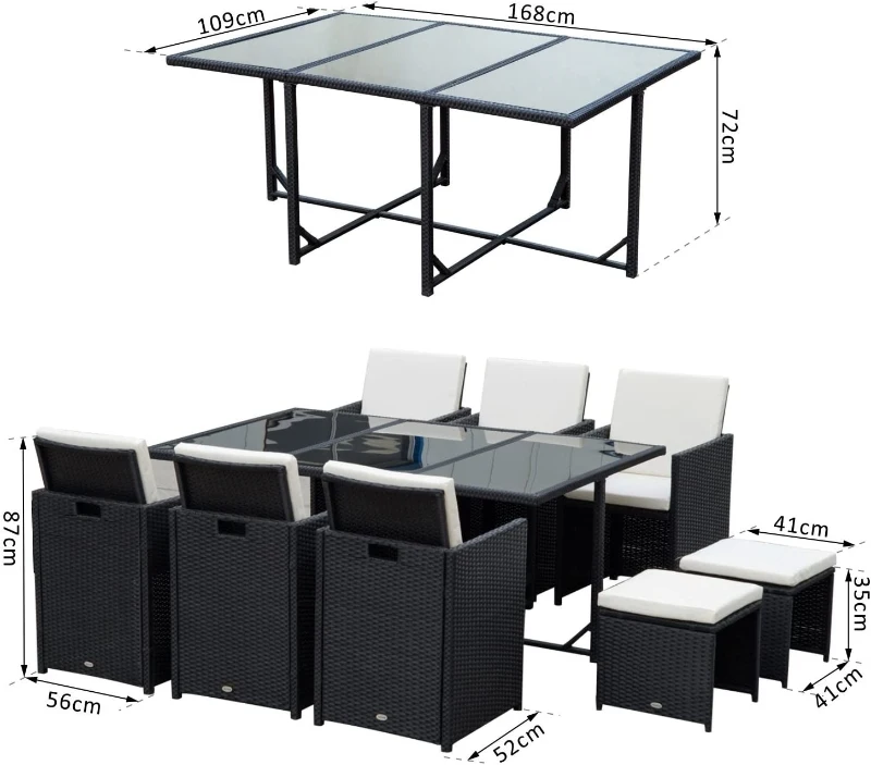 Outsunny Set e Mobilier de Gradina in PE Rattan Set de Pranz 11 bucati cu Perne, Negru