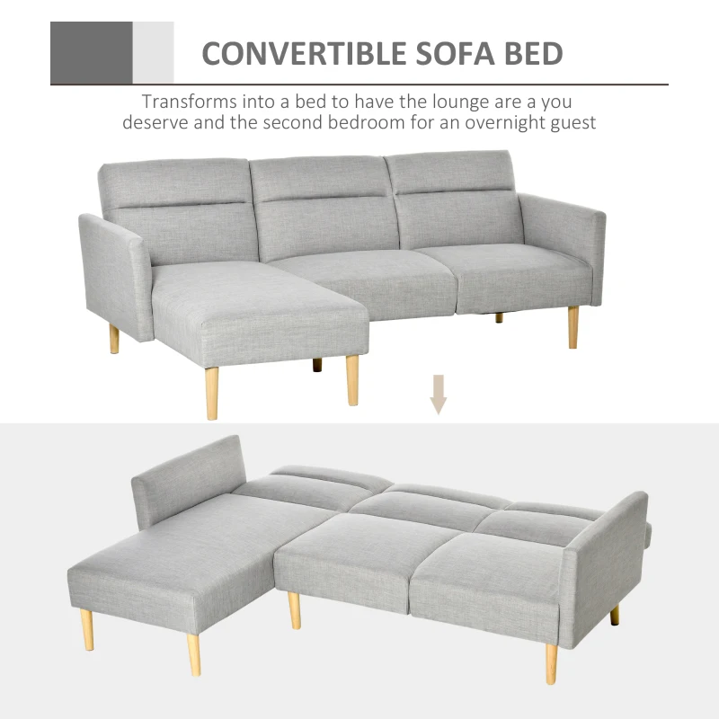 HOMCOM Canapea Extensibila pe Colt cu 3 Locuri din Tesatura Gri Reglabila Stil Scandinav(m-4)