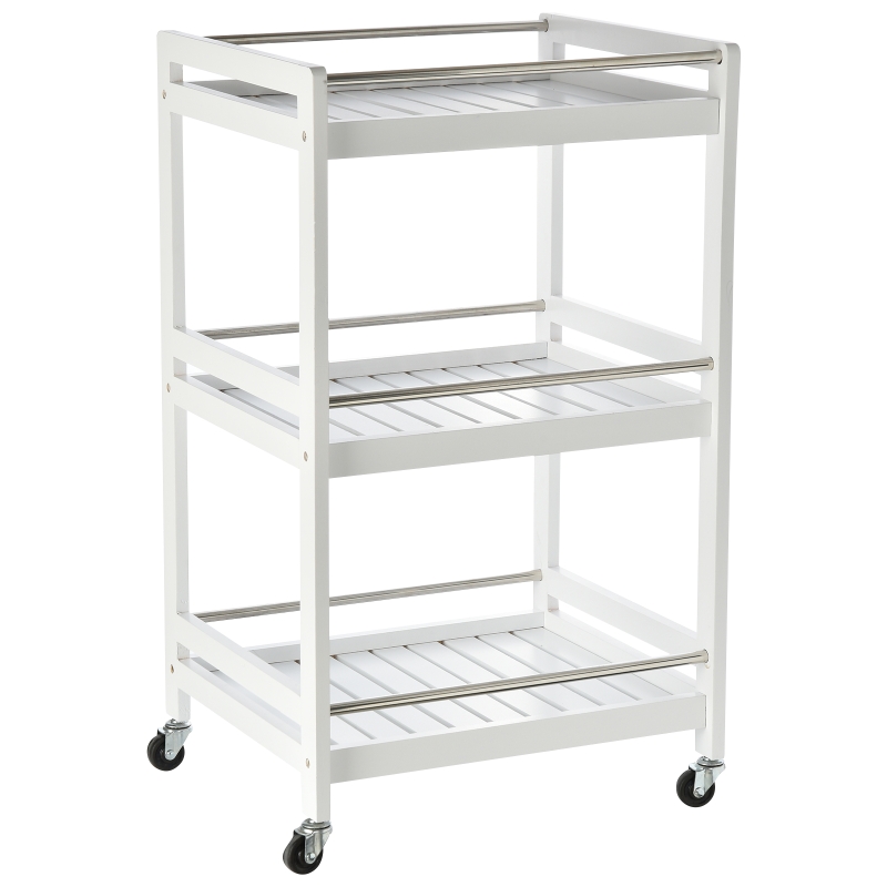 HOMCOM Carucior de Bucatarie Economisire Spatiu din Lemn Alb cu 3 Etajere 4 Roti 360°