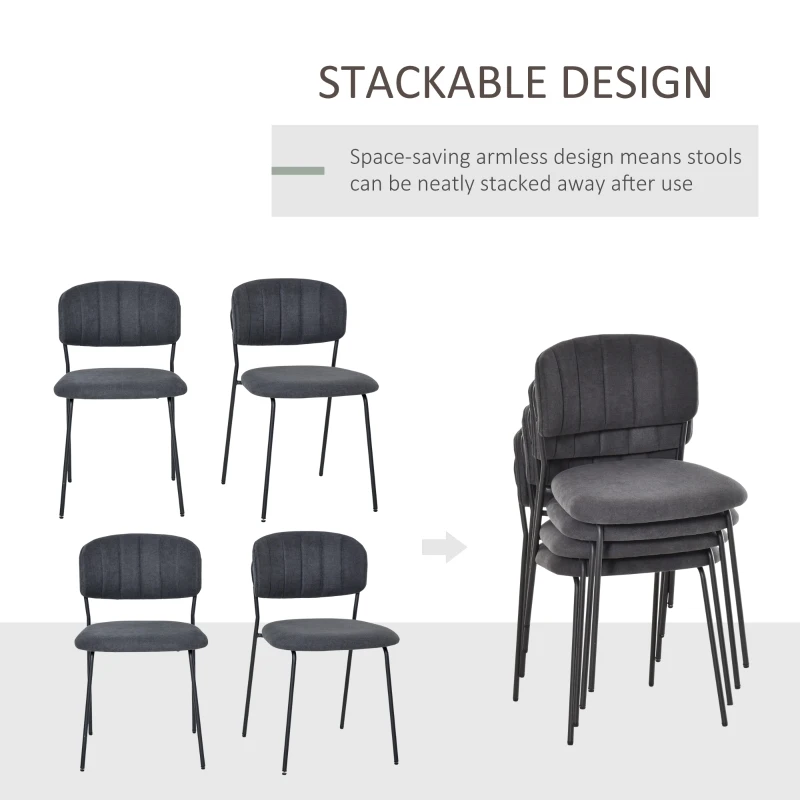 HOMCOM Set de 4 Scaune moderne Capitonate si Stivuibile, din Tesatura si Metal Gri