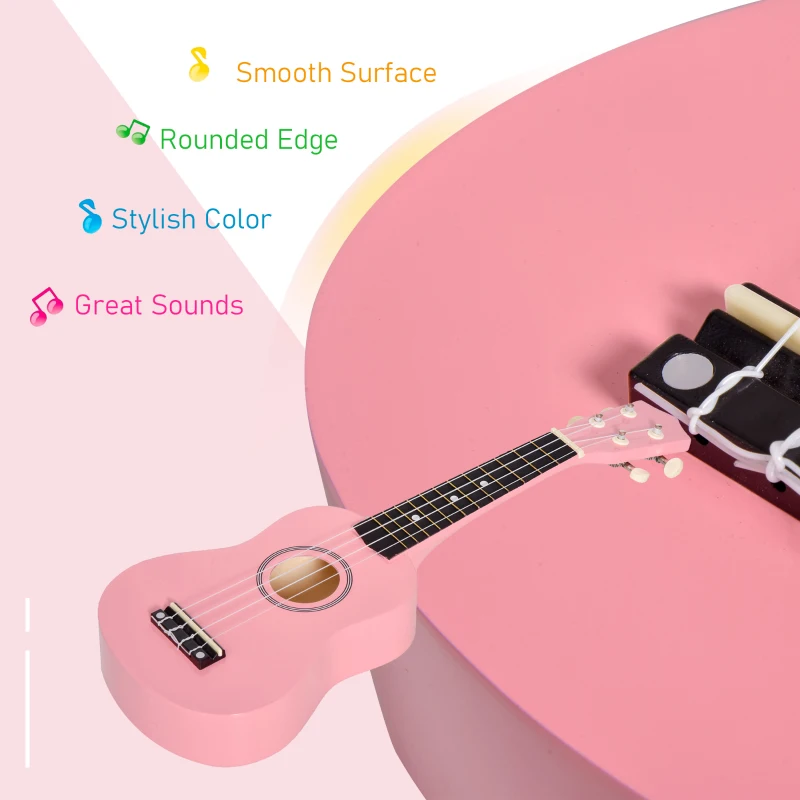 HOMCOM Ukulele Soprano de 53cm din Lemn 4 Cozi din Nylon Accesorii Incluse Roz