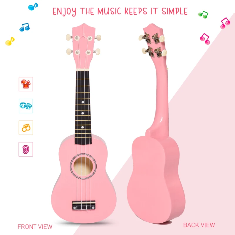 HOMCOM Ukulele Soprano de 53cm din Lemn 4 Cozi din Nylon Accesorii Incluse Roz