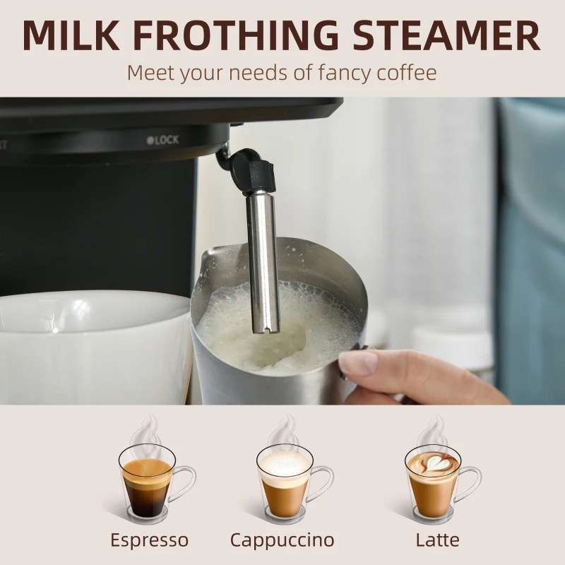 Aparat Cafea Espresso si Cappuccino HOMCOM, 850 W si 15 bar, Rezervor Detasabil, 35.5x21x29cm | AOSOM.it