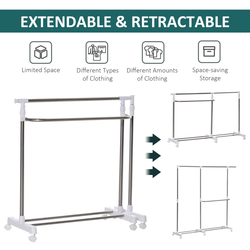 HOMCOM Suport pentru imbracaminte şi pentru Rufe Extensibil cu 3 nivele şi roti din Otel