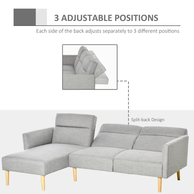 HOMCOM Canapea Extensibila pe Colt cu 3 Locuri din Tesatura Gri Reglabila Stil Scandinav(m-5)