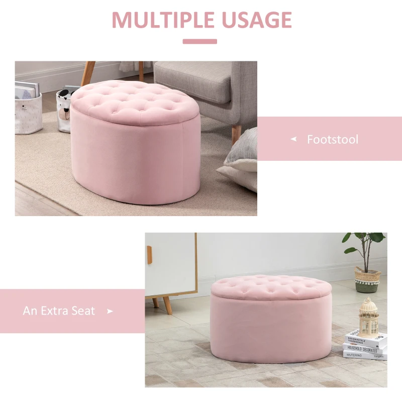 HOMCOM Puf Container Oval Capitonat si Matlasat din Catifea, 71x52x42cm, Roz