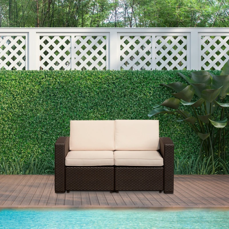 Outsunny Canapea in 2 Locuri in PE Rattan cu Perna, Maro, 141x71x75cm