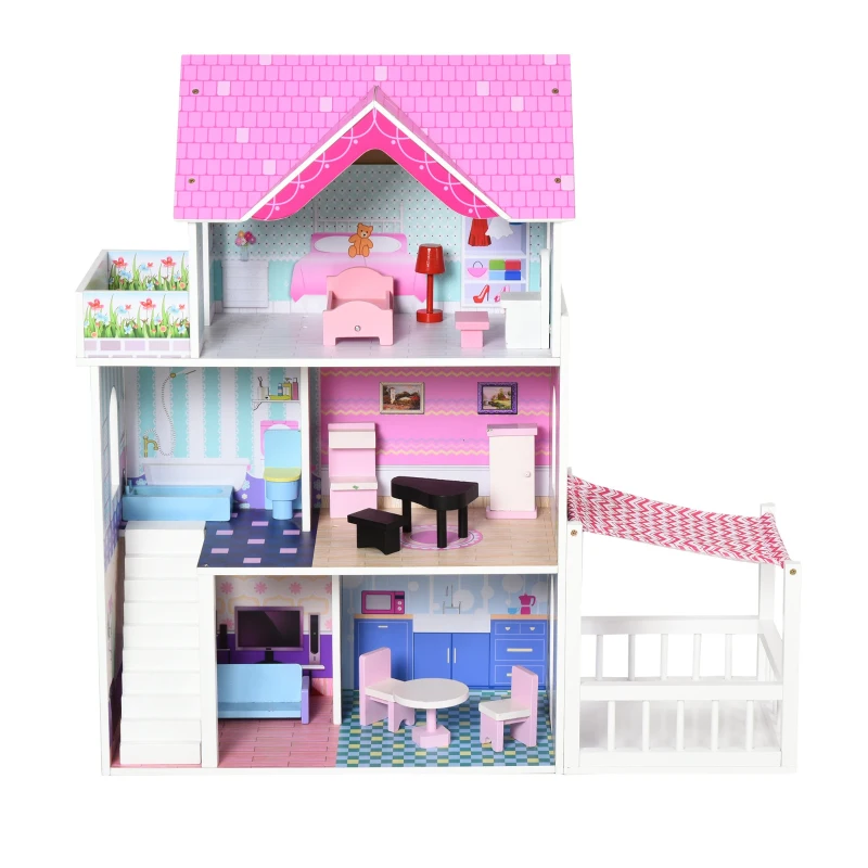 HOMCOM Casa de Papusi din Lemn pentru Copii 3 ani+ cu 12 Accesorii Roz