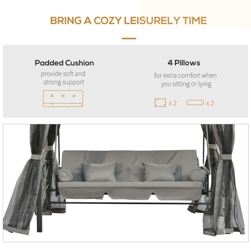 Outsunny Balansoar 3 Locuri si Sezlong cu Copertina tip Foisor cu Plasa Impotriva Tantarilor si Perne(m-5)