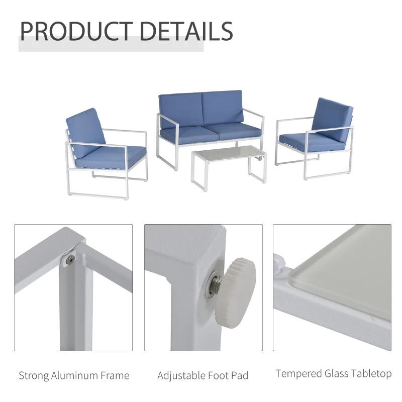 Outsunny Set Mobilier de Exterior Lounge de Gradina din Metal Alb si Albastru