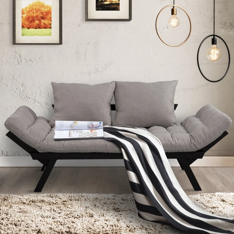 Homcom Canapea Pat Chaie Longue in Stejar Negru si Tesatura din Lemn Gri 155L x 65P x 57A cm