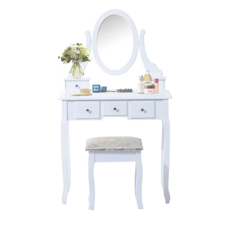 HomCom Tavolo da Trucco Mobile da Toletta Specchiera con Sgabello Specchio Girevole in Legno Bianco