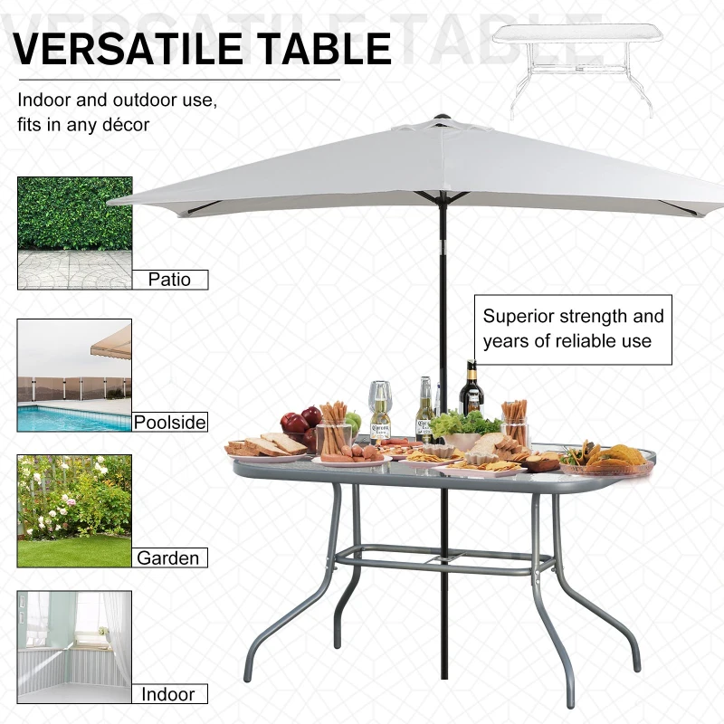 Outsunny Masa pentru Gradina din Metal si Sticla cu Orificiu pentru Umbrela120x80x70cm