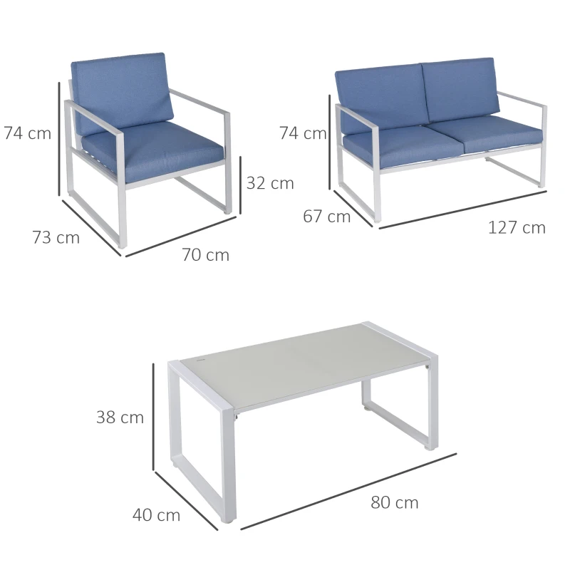 Outsunny Set Mobilier de Exterior Lounge de Gradina din Metal Alb si Albastru