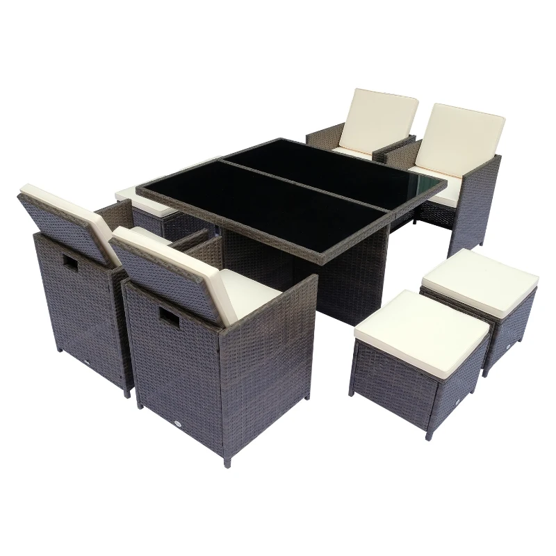 Outsunny Set Mobilier PE Rattan Masa de Pranz, 4 Scaune si 4 Taburet cu Perne,Maro