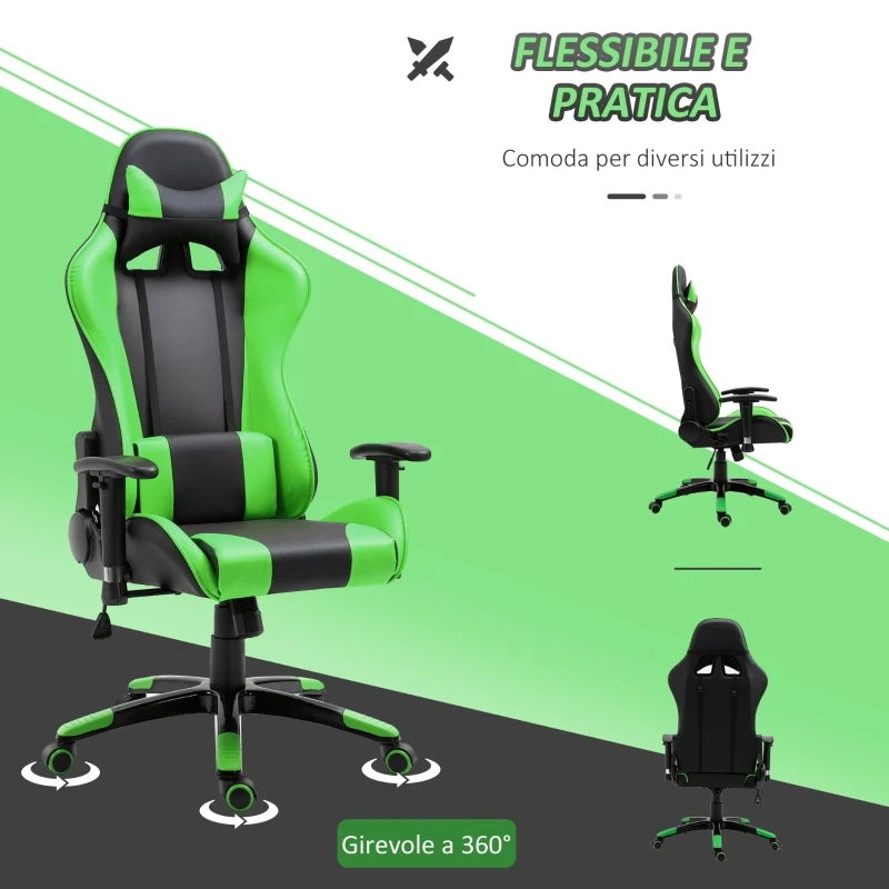HOMCOM Fotoliu de Birou Gaming Rotativ Reclinabil in Piele Sintetica, Negru si Verde