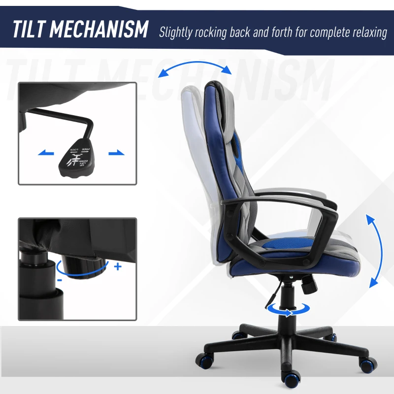 Vinsetto Scaun de Gaming Fotoliu de Birou Rotativ cu Roti din Piele ecologica Negru si Albastru