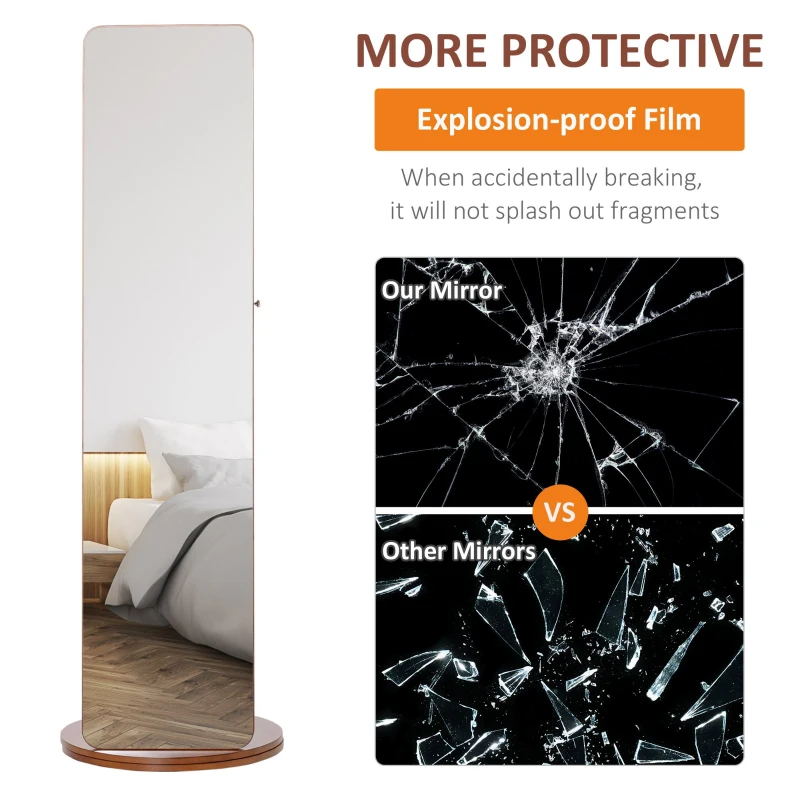 Homcom Oglinda rotativa 360 ° cu raft si cuier, din MDF/Sticla, 50x169 cm, Nuc deschis