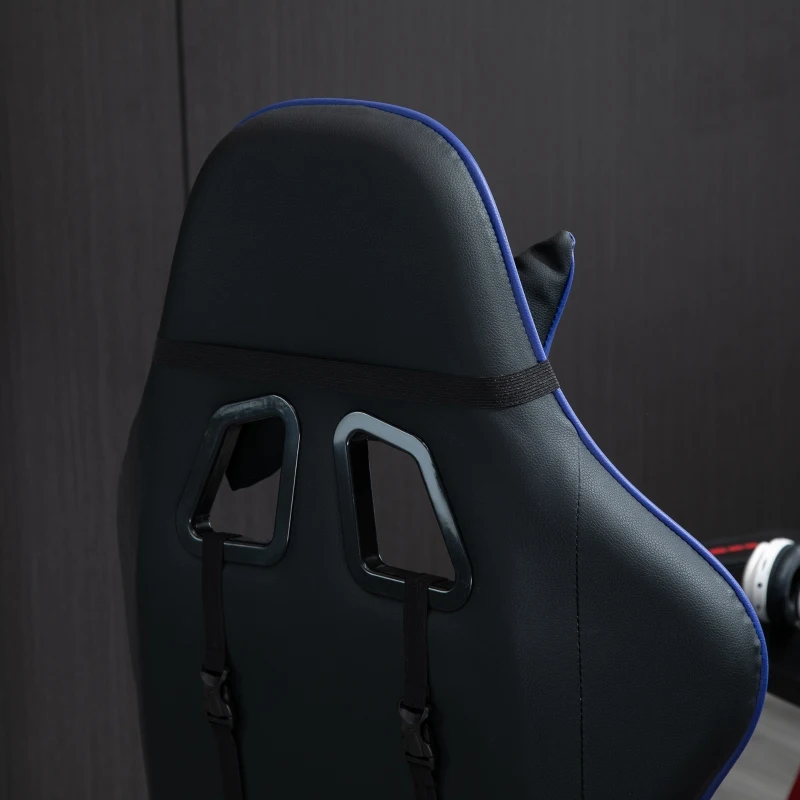 HOMCOM Fotoliu pentru Birou Gaming din Piele Sintetică Rotativ și Reclinabil cu Susținere Lombară și pentru Gât 67 x 67 x 123-132cm Negru-albastru