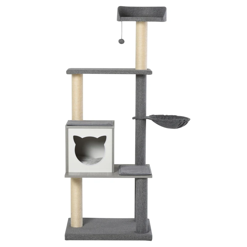 PawHut Centru de activitati pentru pisici cu suprafata de zgariat cusca minge cosulet suspendat gri
